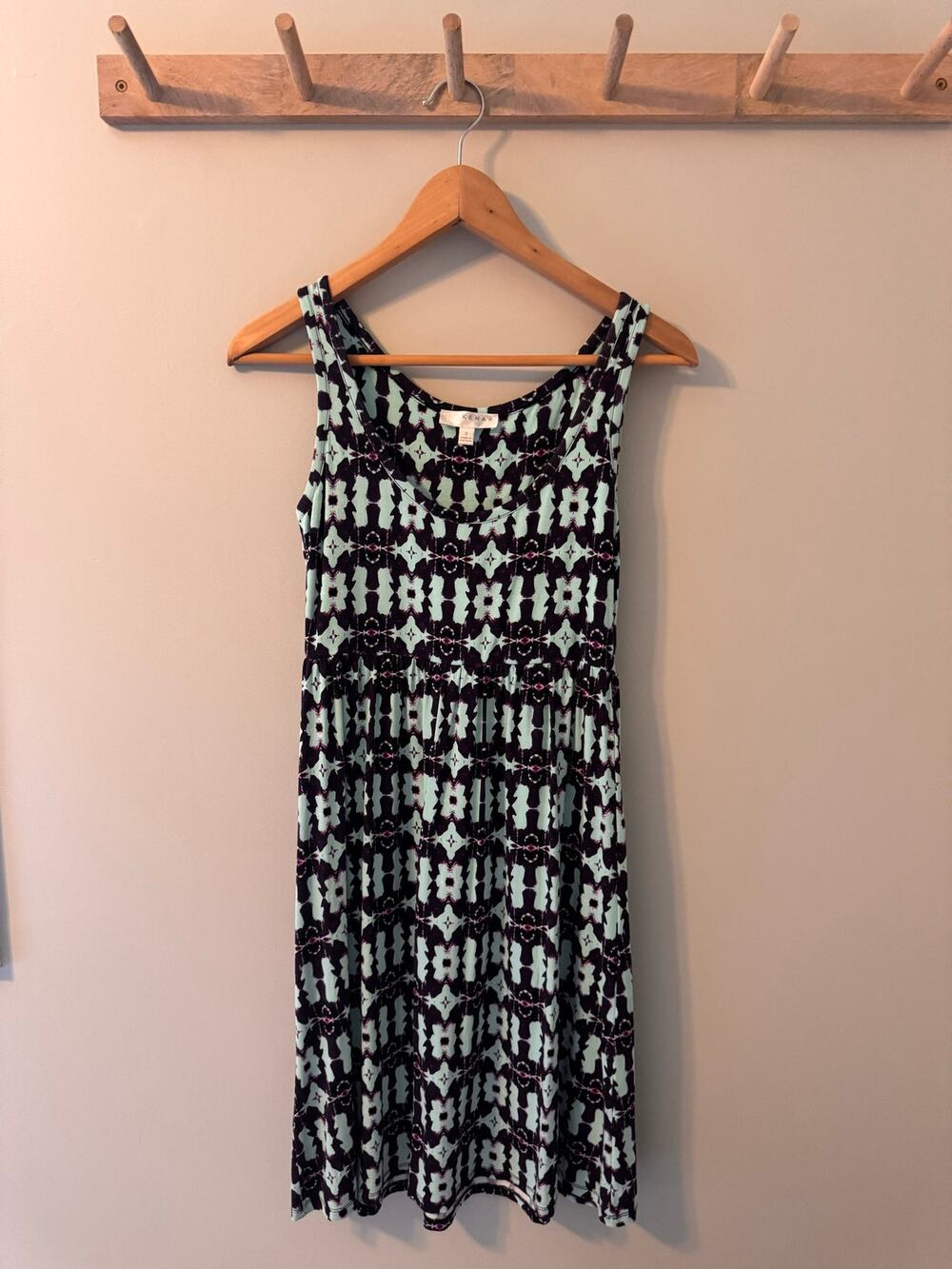 Kenar Sleeveless Fit & Flare Dress Small Blue Purple Geometric Print Stretch